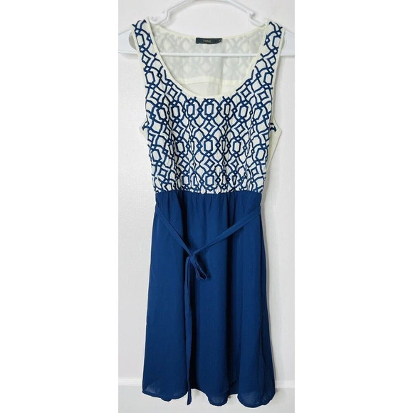 THML Anthropology Dress S Embroidered Geometric Design Blue Tie Waist Sleeveless - Picture 1 of 10